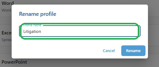 The Rename profile dialog in 26.6, with the current name pre-filled and a Rename button