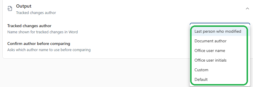 The Tracked changes author menu in the Output section of Redline Profiles in 26.6
