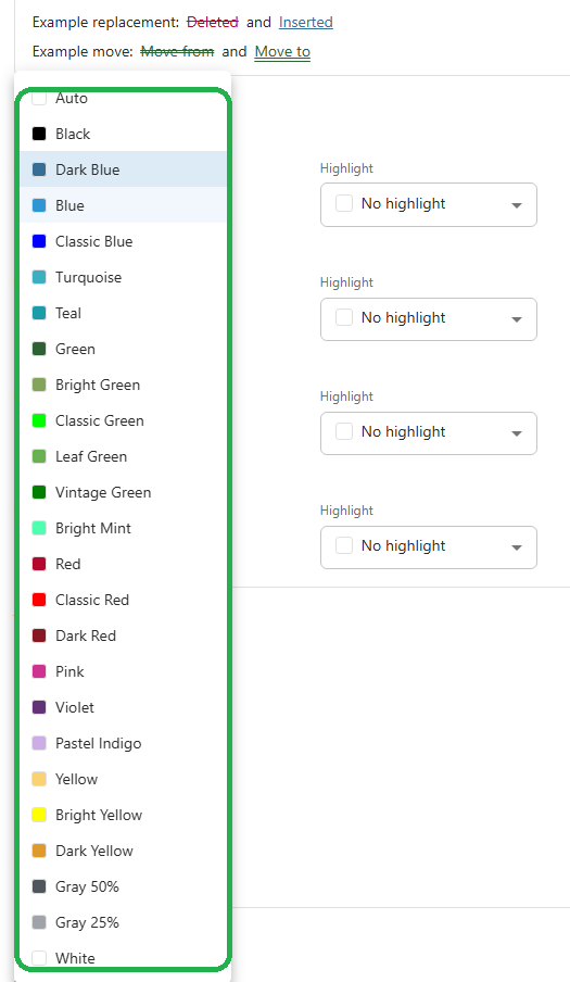 The Color palette for a change type in Redline Profiles in 26.6