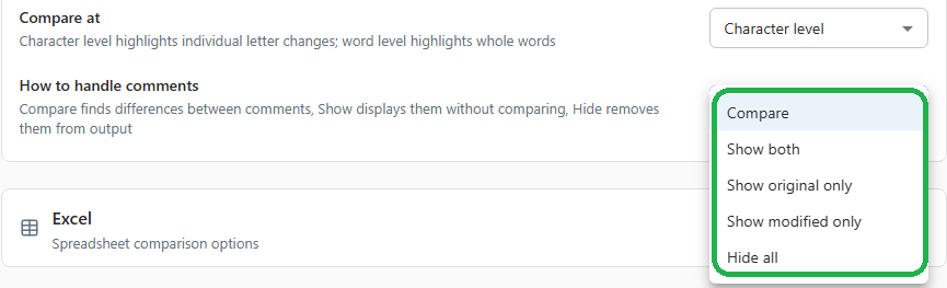 The How to handle comments menu in the Word comparison options in Redline Profiles in 26.6