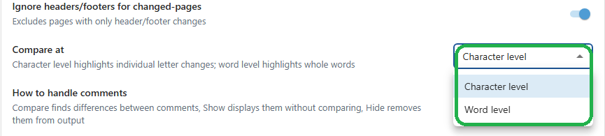 The Compare at menu in the Word comparison options in Redline Profiles in 26.6