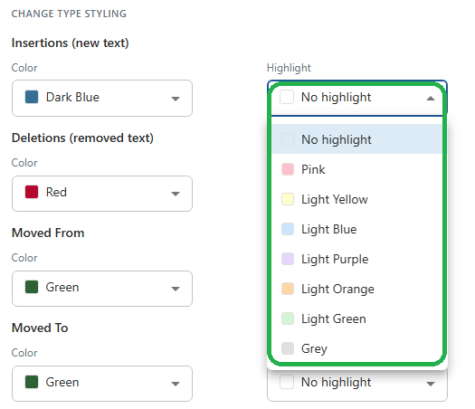 The Highlight menu for a change type in Redline Profiles in 26.6