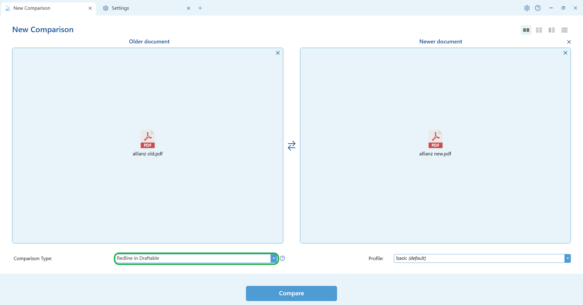 New Comparison launcher with two PDFs loaded and the Comparison Type set to Redline in Draftable