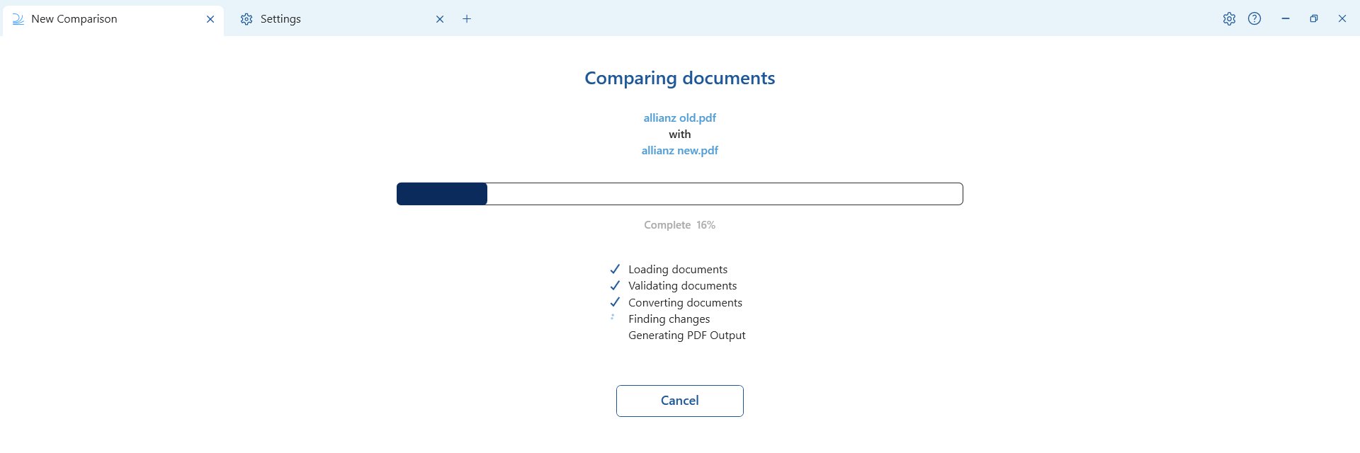 Comparing documents progress dialog shown while Draftable runs the comparison