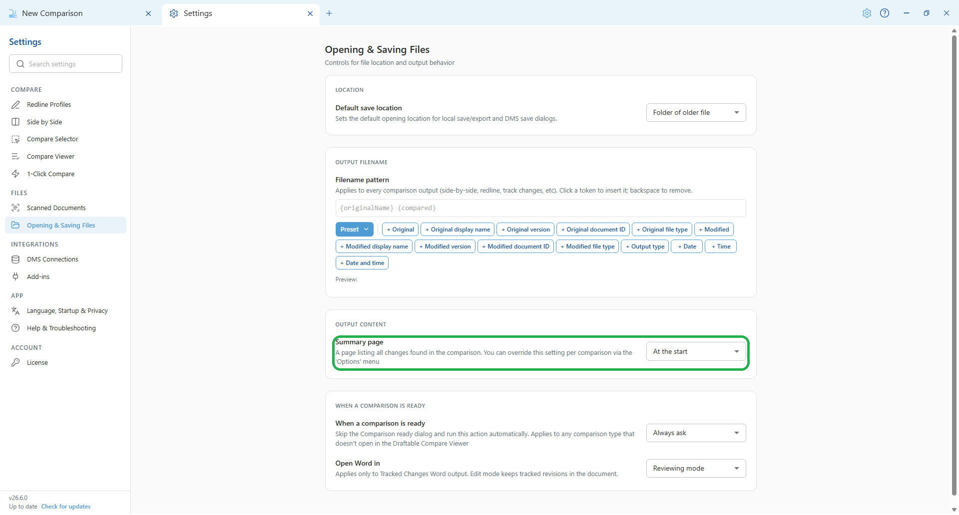 The Summary page setting under Output Content on the Opening & Saving Files screen in Draftable Legal 26.6