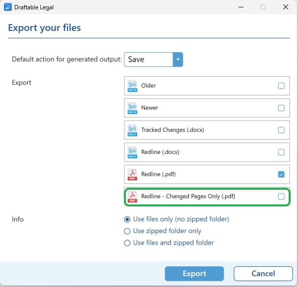 The bulk Export your files dialog with the Redline - Changed Pages Only (.pdf) option highlighted