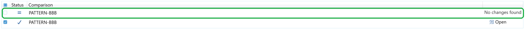 A Bulk Compare results row showing No changes found where the Open button would normally be