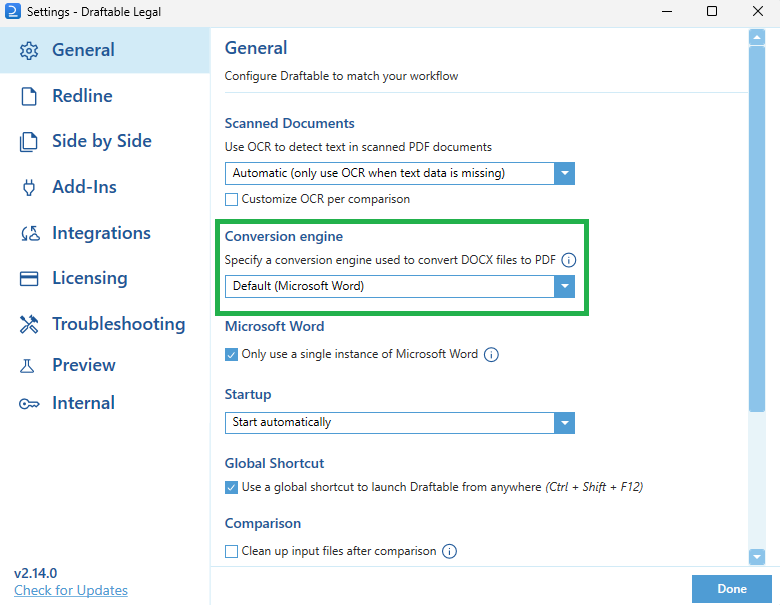 Conversion engine setting