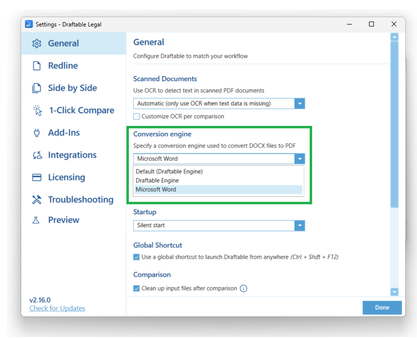Draftable engine selected