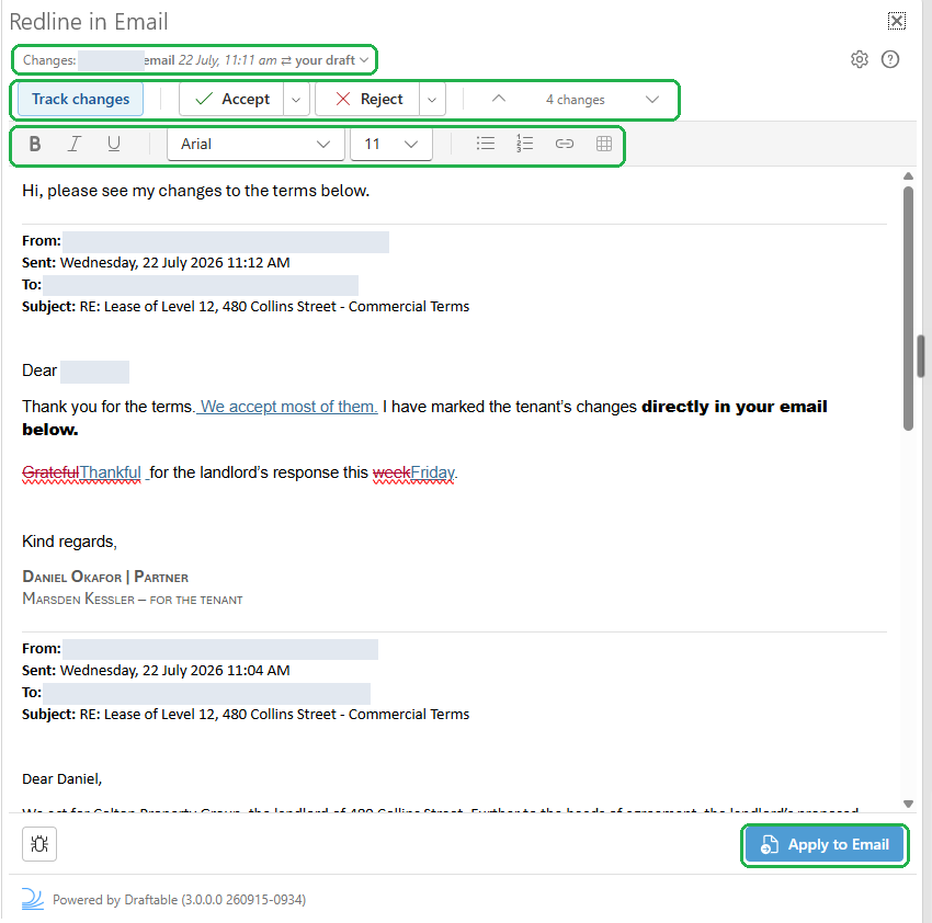 The Redline in Email task pane on a reply draft, with the status line, review toolbar, formatting toolbar and Apply to Email button highlighted