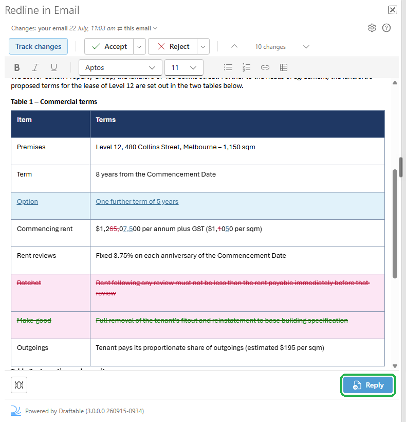 The task pane on a received email, with the status line comparing your email with this email and the Reply button highlighted