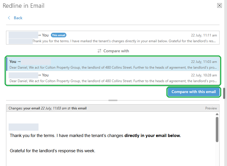 The email picker with This email pinned at the top, the Compare with list and the Compare with this email button highlighted, and the preview underneath
