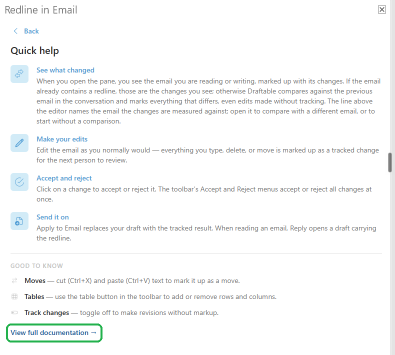 The Quick help screen, with the View full documentation link highlighted