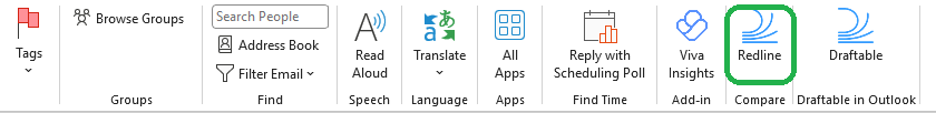 The classic Outlook ribbon while reading an email, with the Redline button highlighted in the Compare group