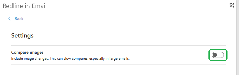 The Redline in Email Settings screen with the Compare images toggle highlighted