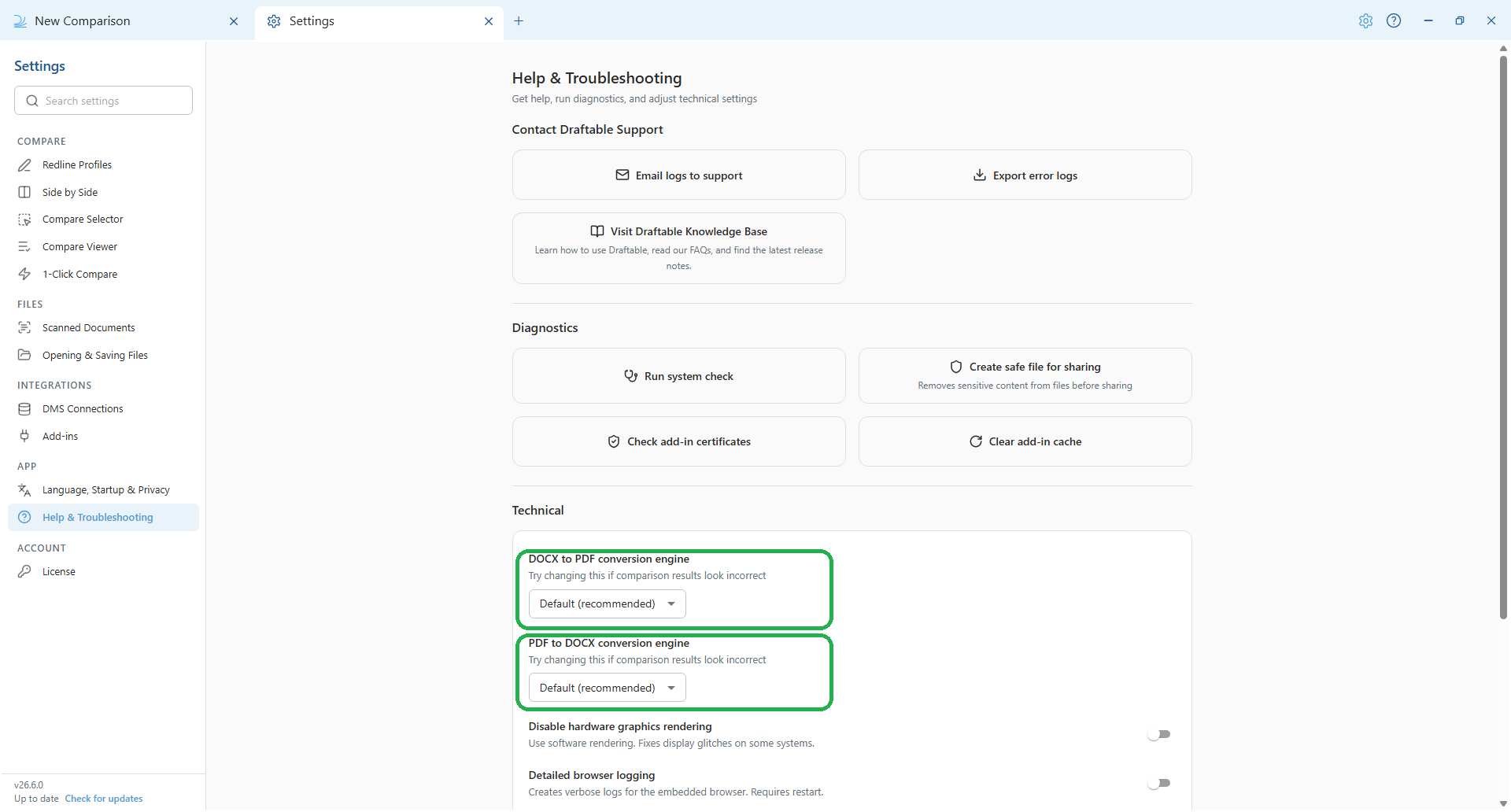 Conversion engines under Help and Troubleshooting in the Technical section in Draftable Legal 26.6