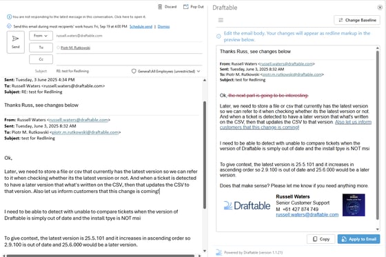 Draftable Interface Using Draftable Redline in Email - Draftable