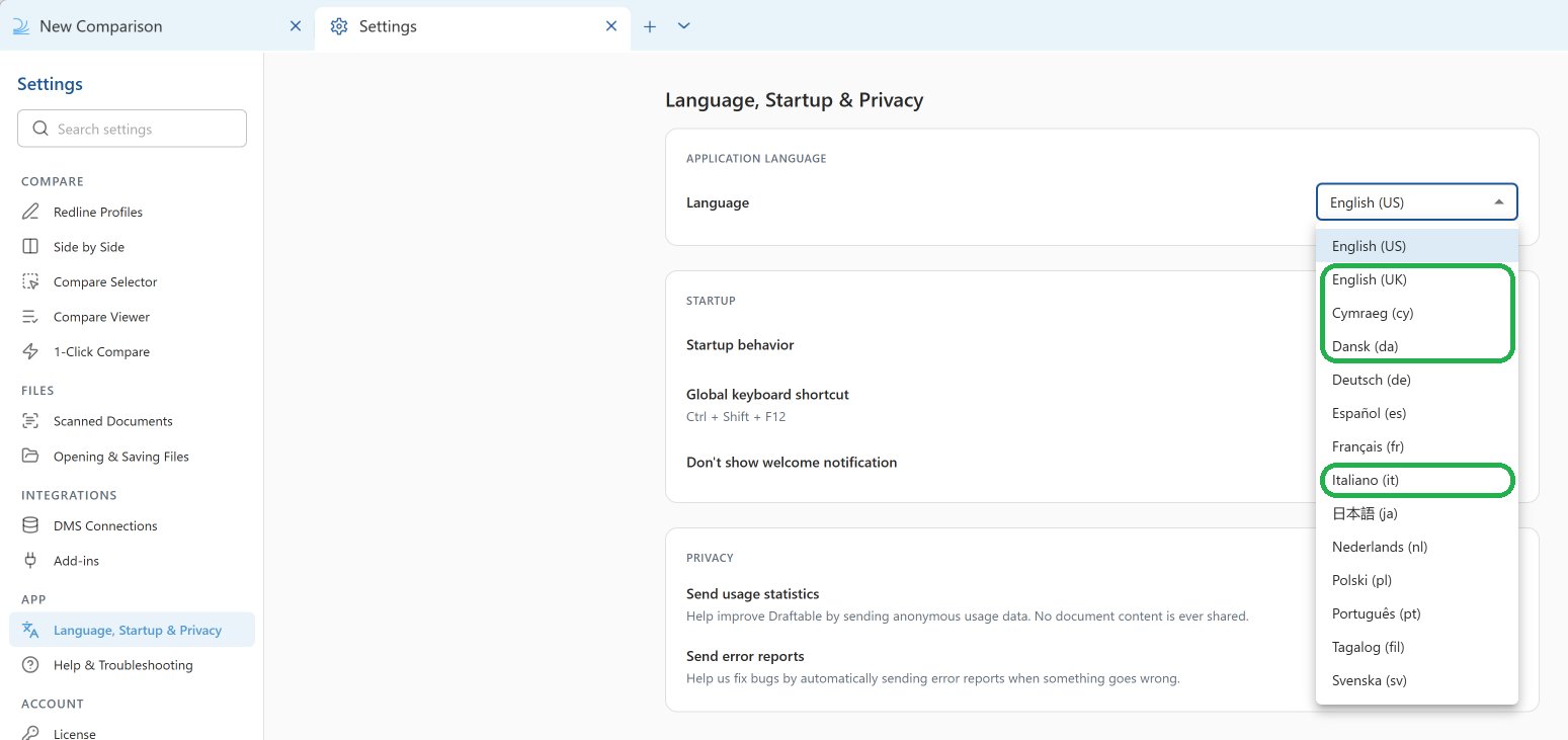 Language dropdown in Draftable Legal 26.9.1, with English (UK), Cymraeg, Dansk and Italiano highlighted