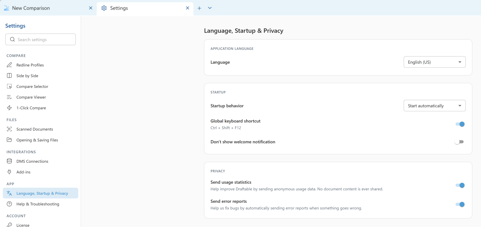 Language, Startup and Privacy settings in Draftable Legal