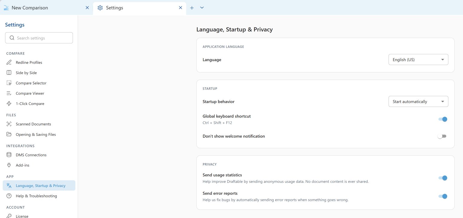 Language, Startup and Privacy settings in Draftable Legal