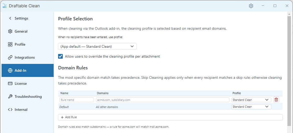 Draftable Clean 26.10 Add-In settings showing the no-recipient profile and domain rules