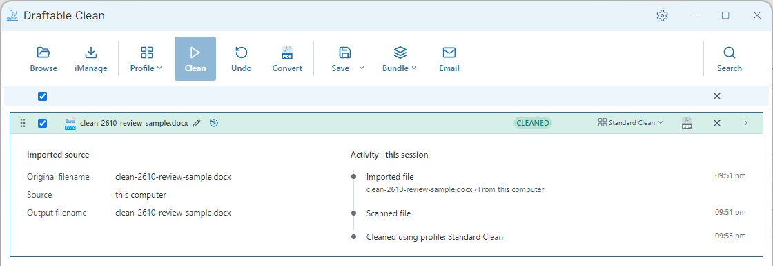 Imported source and session activity for a cleaned sample document