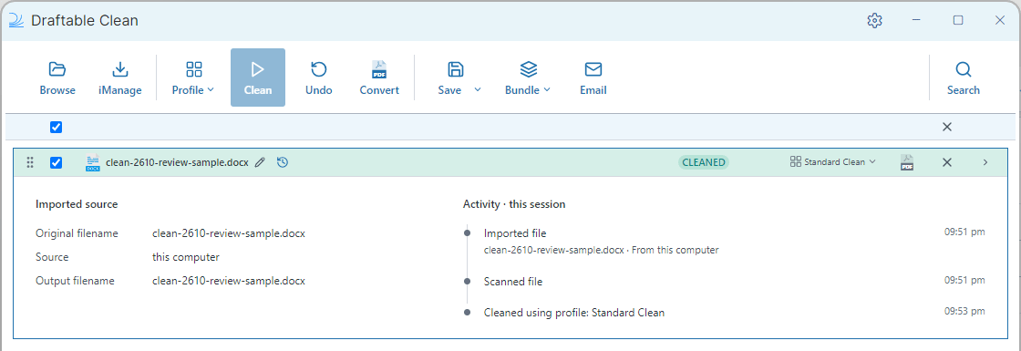 Imported source and session activity for a cleaned sample document