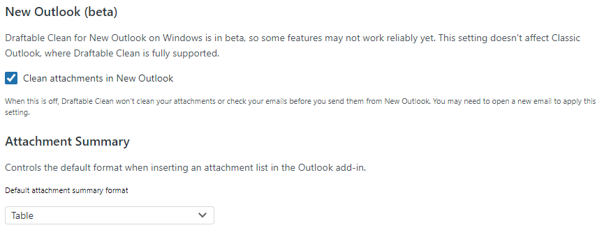 New Outlook cleaning switch and attachment summary setting