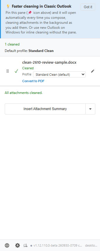 Updated Draftable Clean Outlook pane with cleaning status and attachment summary controls