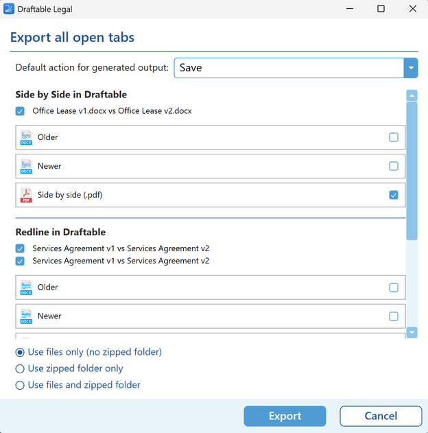 Export all open tabs dialog with comparison groups, output choices, save action and zipped folder options