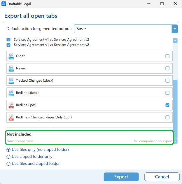 Not included section showing a New Comparison tab with the reason No comparison to export