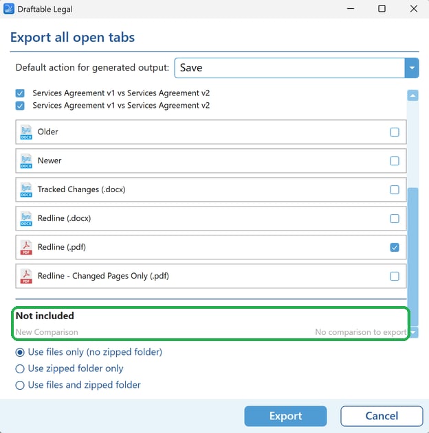 Not included section showing a New Comparison tab with the reason No comparison to export
