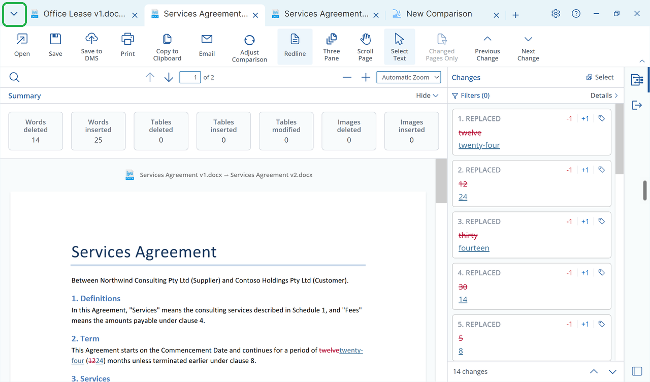 Draftable Legal main window with several comparison tabs and the All tabs button highlighted