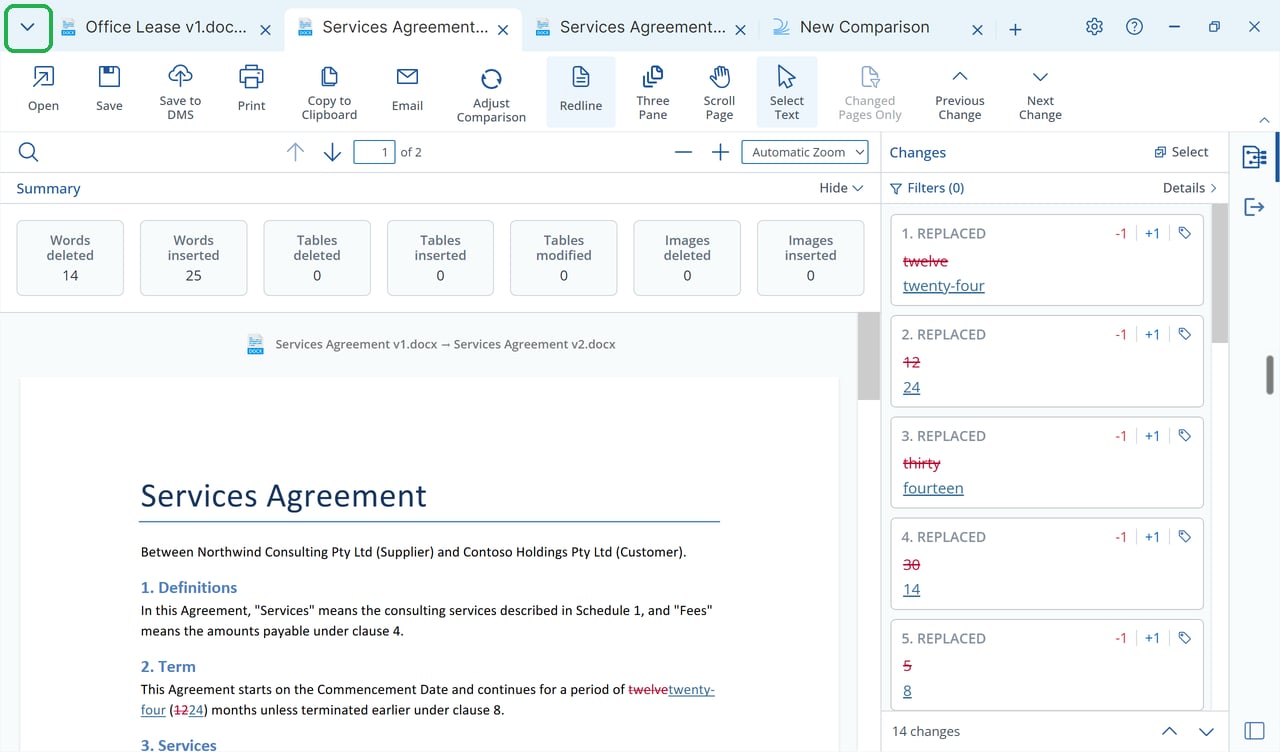 Draftable Legal main window with several comparison tabs and the All tabs button highlighted