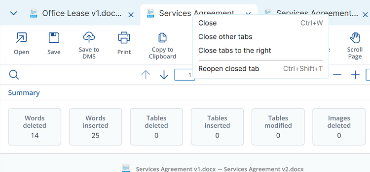 Tab right-click menu with options to close tabs and reopen a closed tab