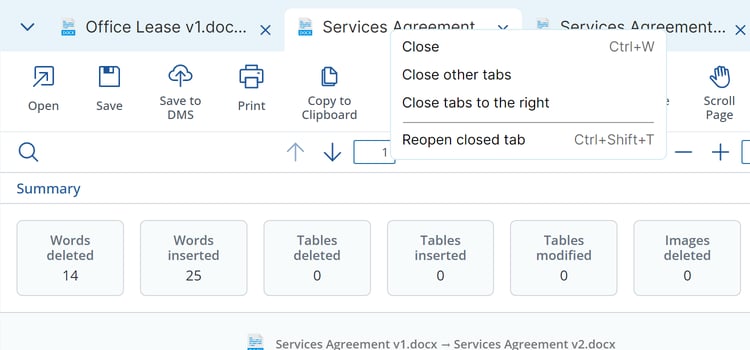 Tab right-click menu with options to close tabs and reopen a closed tab