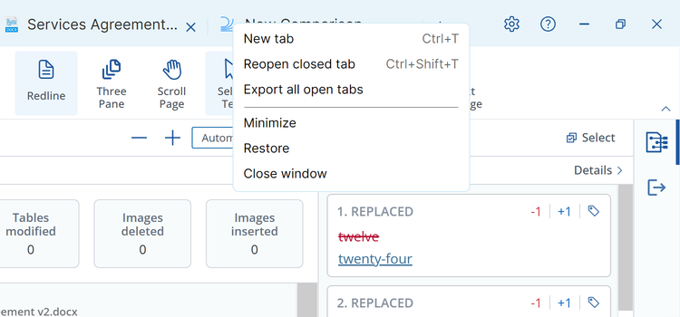 Title-bar right-click menu with New tab, Reopen closed tab, Export all open tabs and window controls