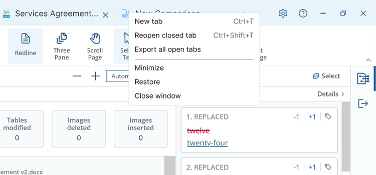 Title-bar right-click menu with New tab, Reopen closed tab, Export all open tabs and window controls
