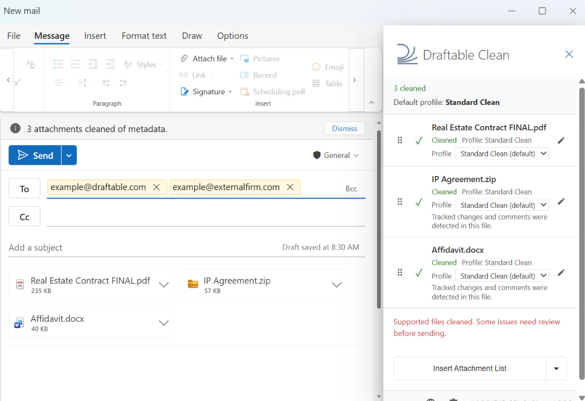 Outlook add-in showing cleaned attachments in a draft email