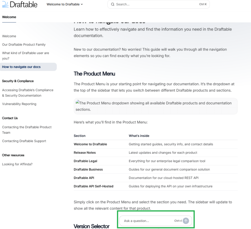 The AI Docs Assistant button and chat interface.