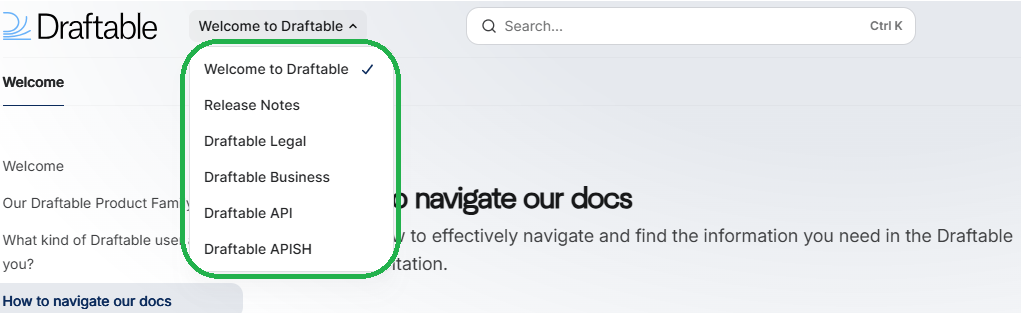 The Product Menu dropdown showing all available Draftable products and documentation sections.