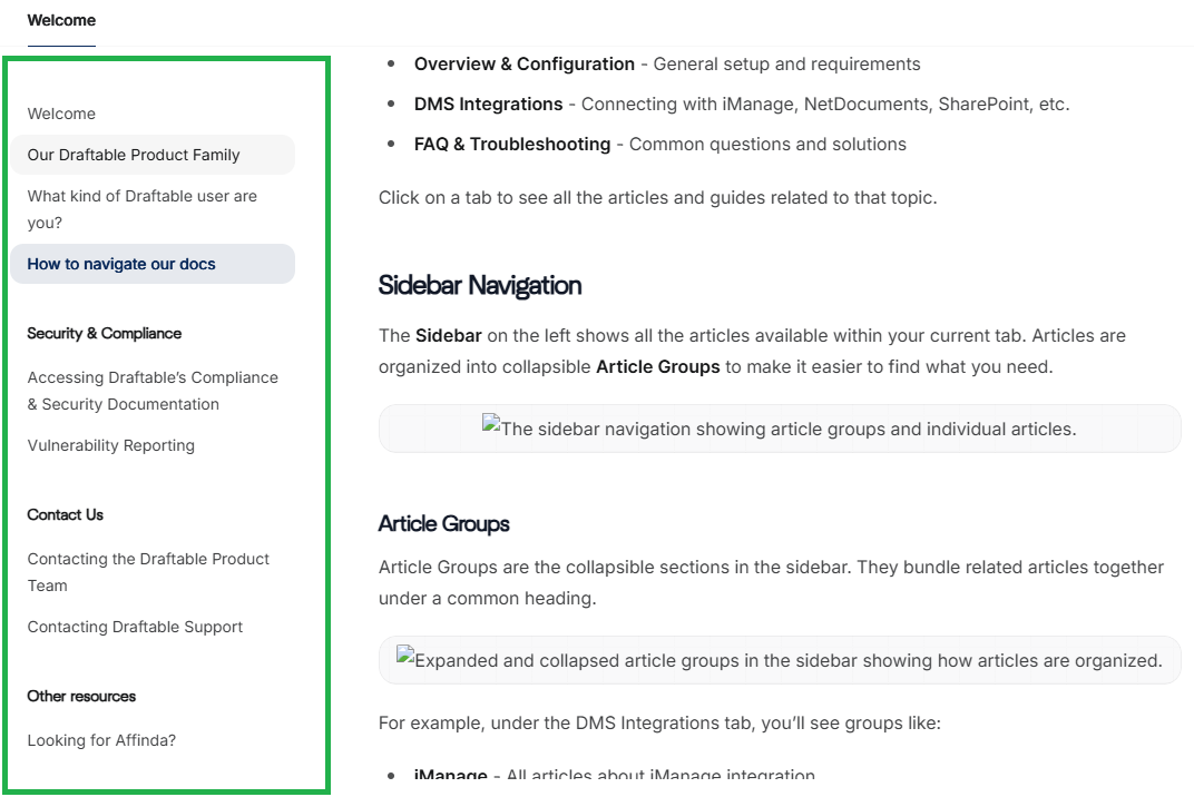 The sidebar navigation showing article groups and individual articles.
