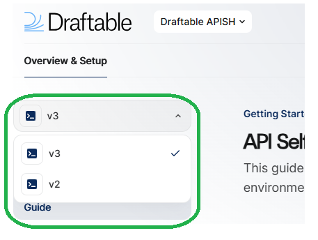 The version selector dropdown showing v2 and v3 options for Draftable API Self-Hosted.