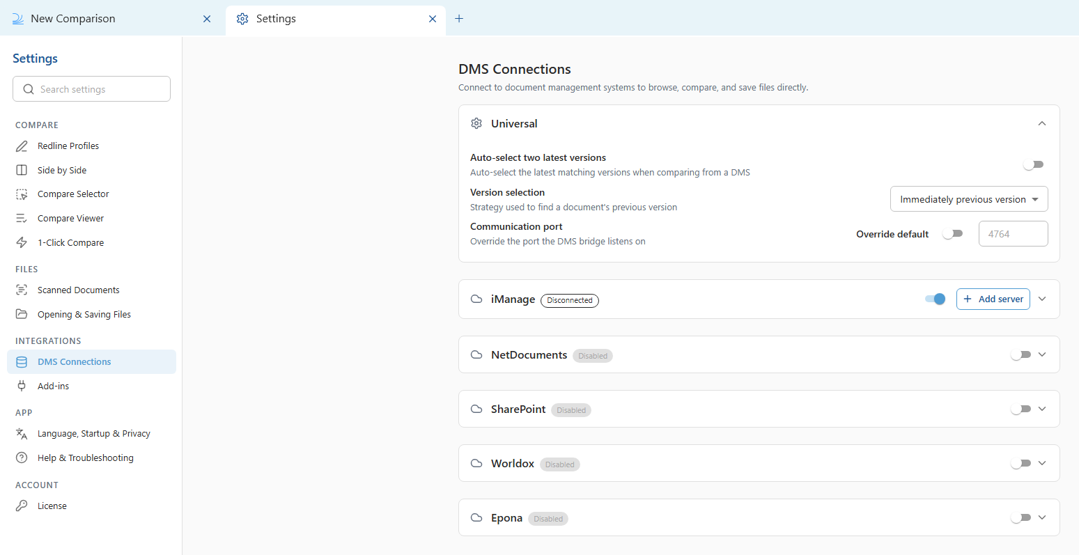 DMS Connections settings in Draftable Legal 26.6