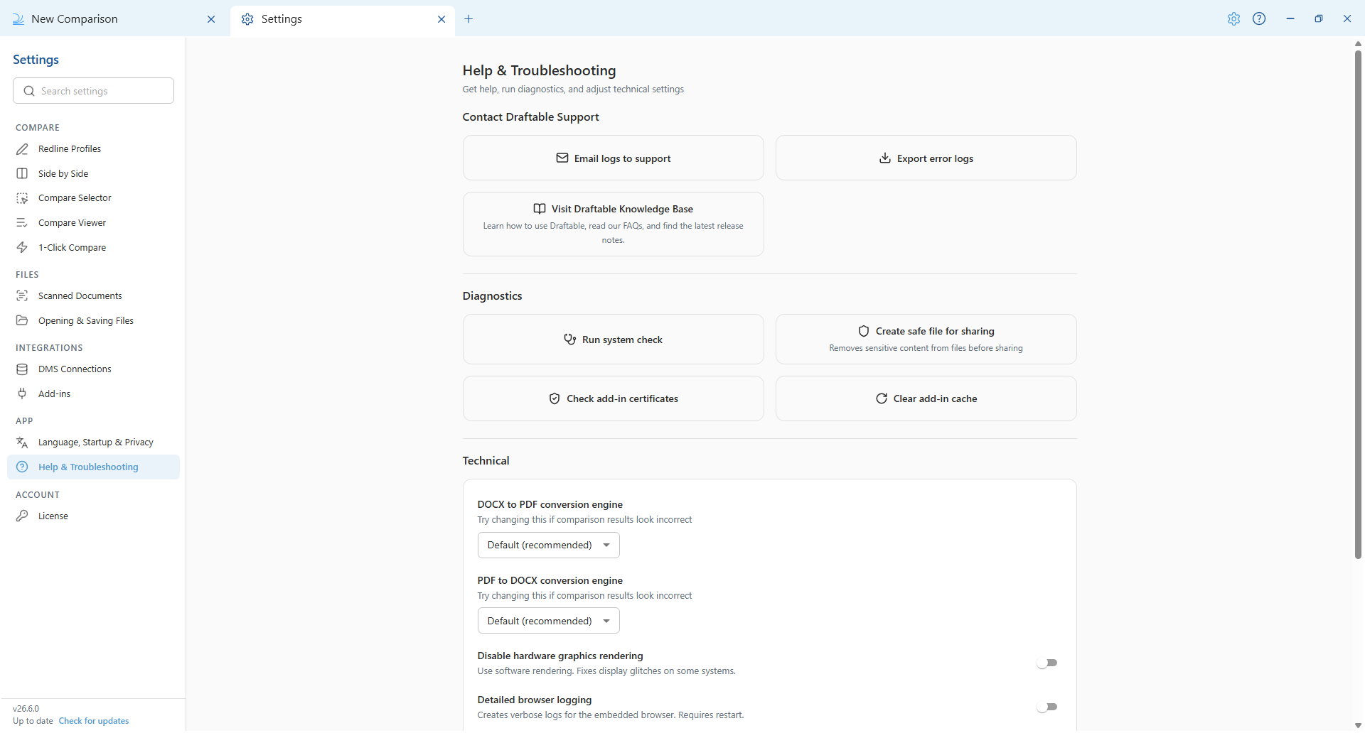Help & Troubleshooting settings in Draftable Legal 26.6