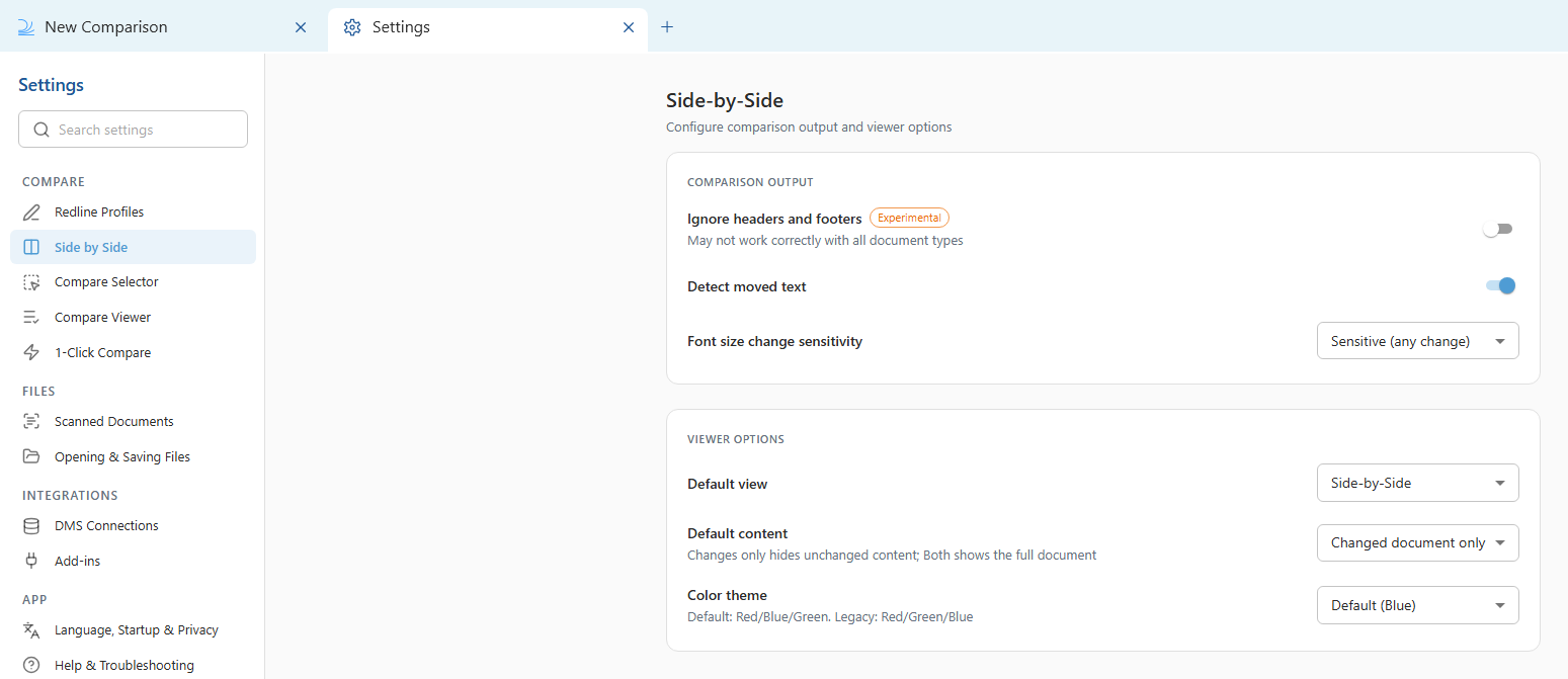 Side by Side settings in Draftable Legal 26.6