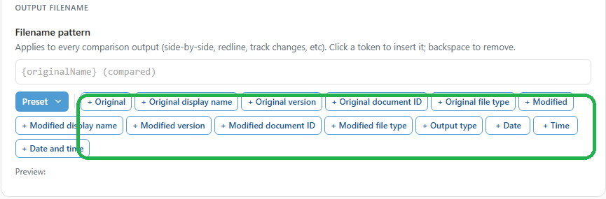 The Output Filename section in Draftable Legal 26.6 with the row of token buttons highlighted, used to build a custom filename pattern by clicking