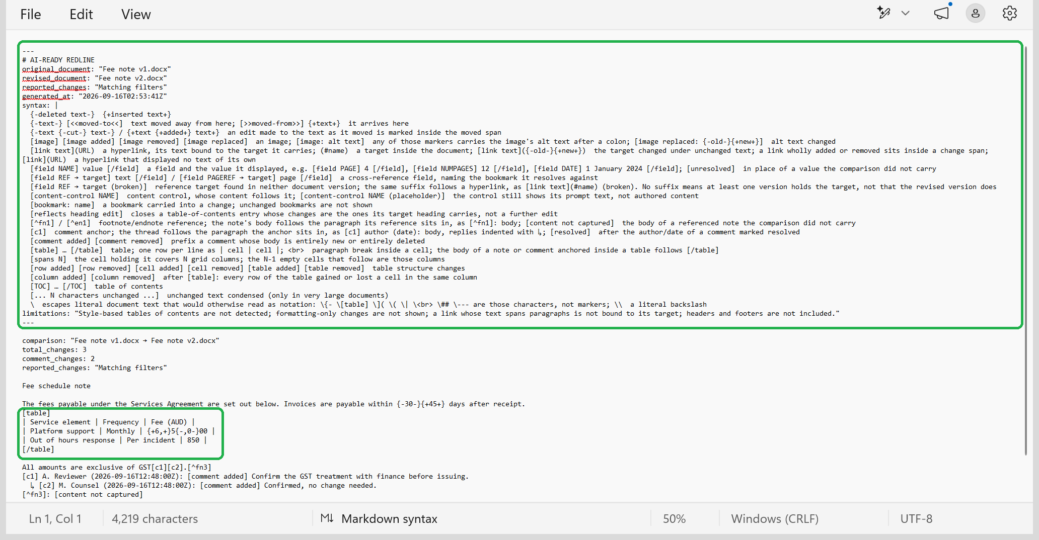 AI-Ready Redline output opened in a text editor