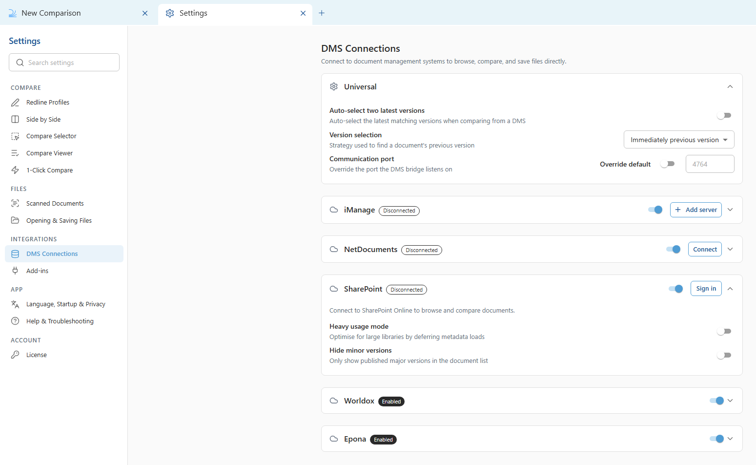 The SharePoint settings expanded under DMS Connections in Draftable Legal 26.6