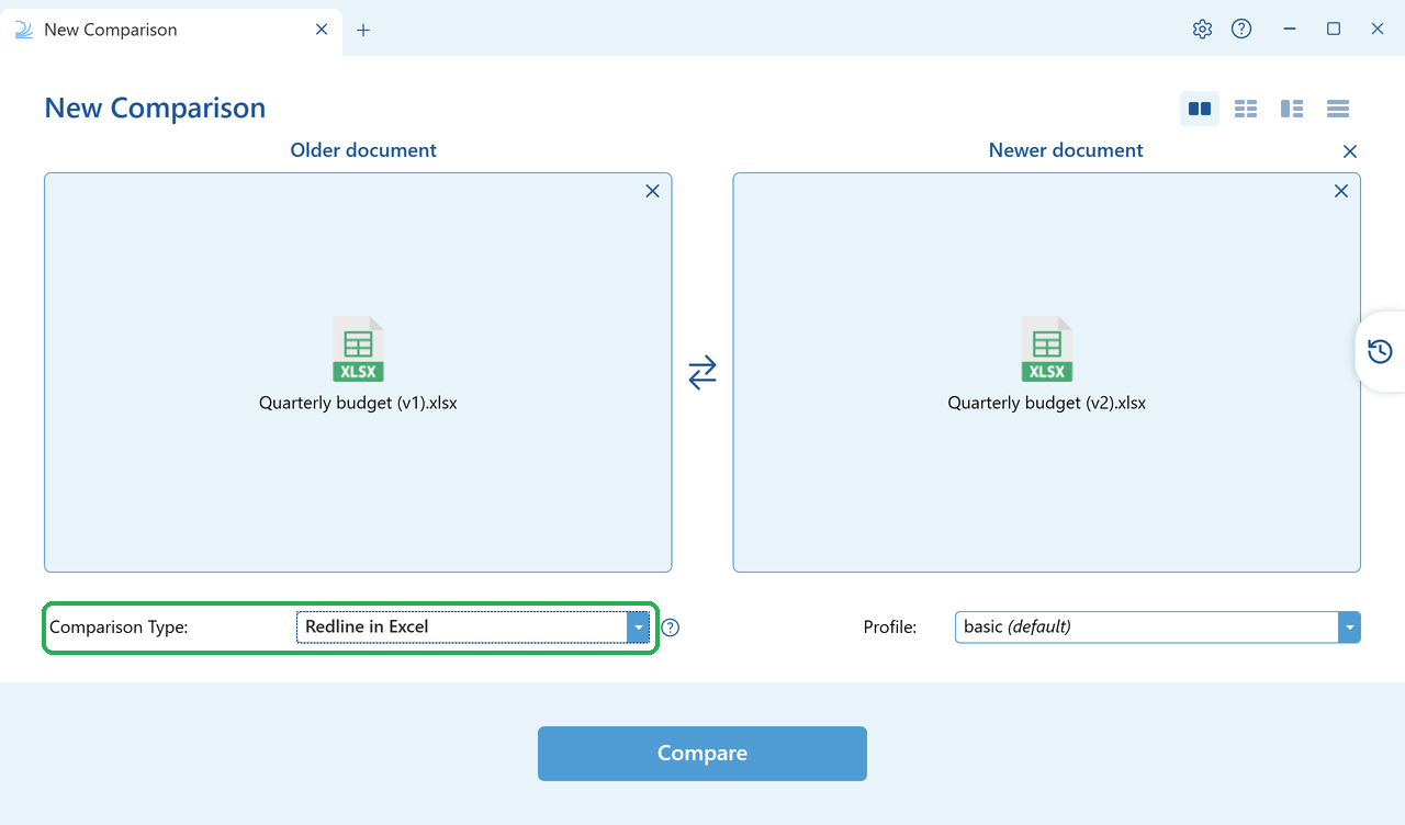 Redline in Excel selected in the Comparison Type dropdown, with two Excel files loaded